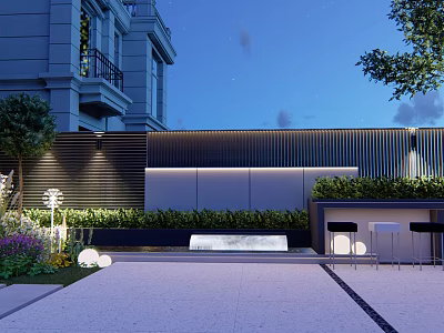 Modern Courtyard Garden Design With Greenery Wall Outdoor Lighting And Seating Area 3d model