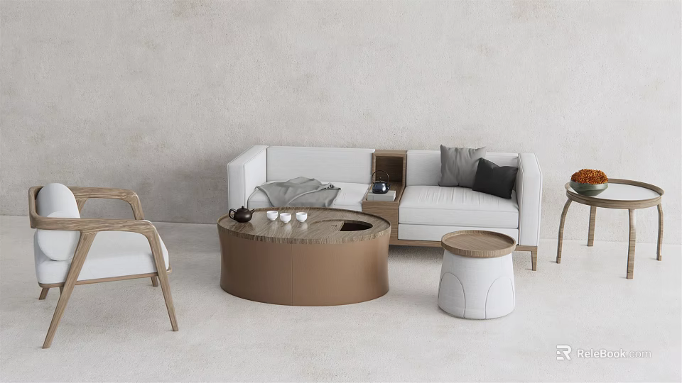 Modern Sofa And Coffee Table Set With White Sofa Grey Black Cushions Round Brown Table 3d model