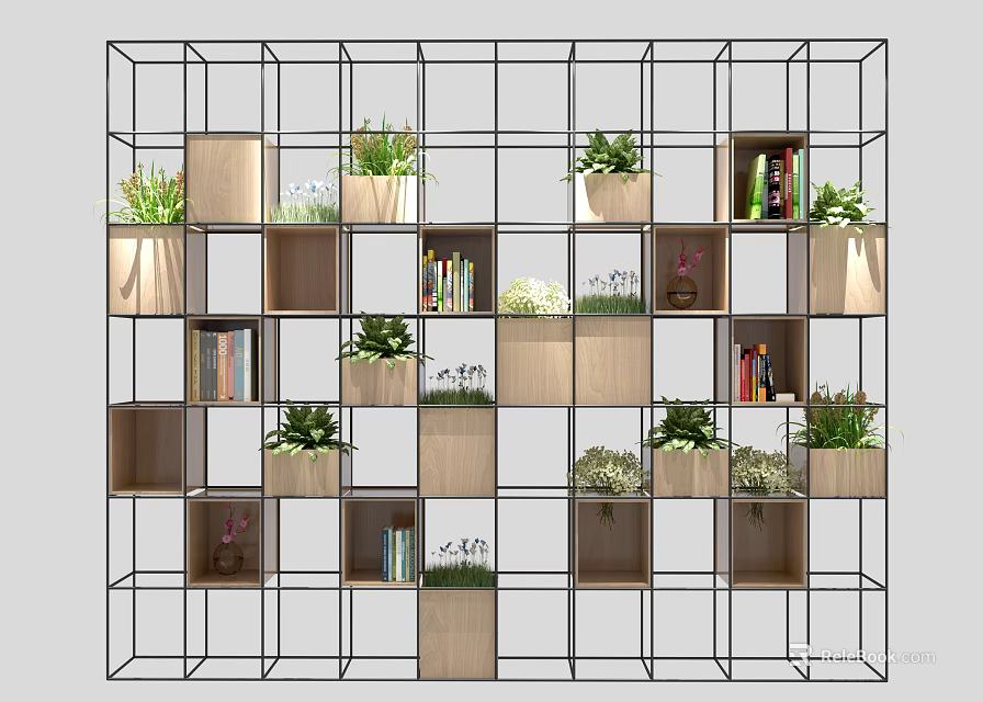 Modern Grid Structure Decorative Cabinet With Wooden Compartments Plants Books And Decorations 3d model 