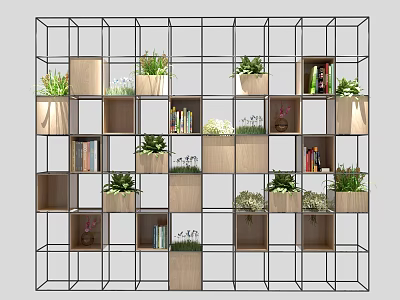Modern Grid Structure Decorative Cabinet With Wooden Compartments Plants Books And Decorations 3d model
