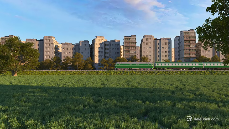 Peaceful Suburban Scenery With Green Field Old Buildings And Running Green Train Under Blue Sky 3d model 