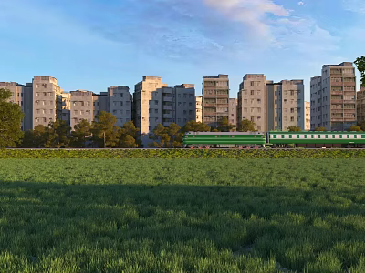 Peaceful Suburban Scenery With Green Field Old Buildings And Running Green Train Under Blue Sky 3d model