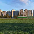 Peaceful Suburban Scenery With Green Field Old Buildings And Running Green Train Under Blue Sky