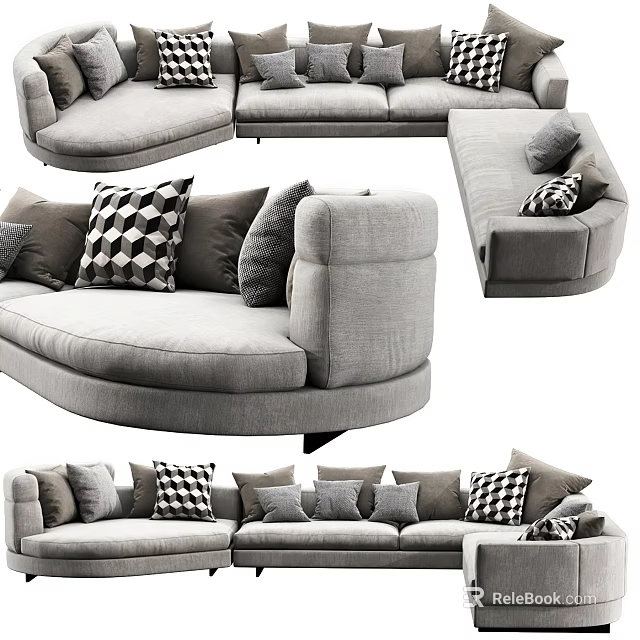 Elegant Modern Grey Sectional Sofa With Geometric Pattern Pillows And Curved Design Features 3d model