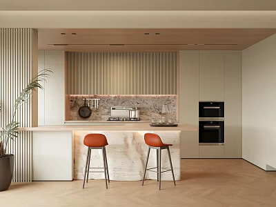 Modern Kitchen Interior Design With Island Counter Orange Stools Marble Top Cabinets Appliances And Plant 3d model