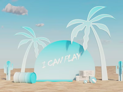 Summer Beach Scene With White Palm Trees I CAN PLAY Sign And Cactus 3d model