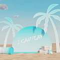 Summer Beach Scene With White Palm Trees I CAN PLAY Sign And Cactus