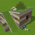 Garden Wooden Structure With Green Roof Stone Small Tree Flower Pots And White Dog