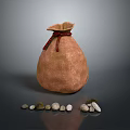 Brown Fabric Bag with Red String Closure and Scattered Stones for Daily Use