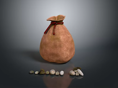 Brown Fabric Bag with Red String Closure and Scattered Stones for Daily Use 3d model