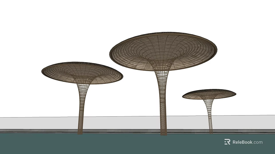 Three Mesh Umbrella Shaped Structures With Slender Pillars For Outdoor Landscape 3d model