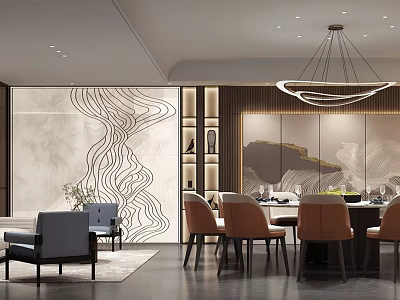 Elegant Luxury Private Room Interior With Decorative Wall Art Chandelier Comfortable Chairs And Dining Table 3d model