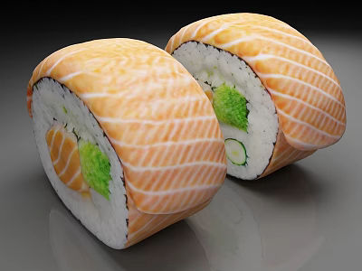 Sliced Salmon Sushi Rolls With Striped Pattern Rice Cucumber And Green Vegetables 3d model
