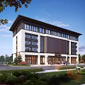 Modern Office Building Front View With White And Dark Exterior And Landscaped Surroundings