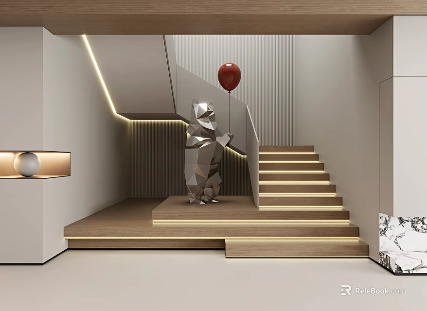 Modern Interior Design With Staircase Bear Sculpture Red Balloon And Lighting Accents 3d model 