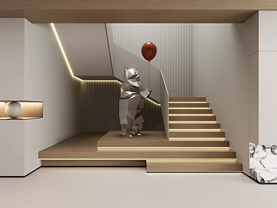 Modern Interior Design With Staircase Bear Sculpture Red Balloon And Lighting Accents 3d model