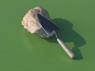 Professional Hardware Trowel With Metal Blade And Wooden Handle Near Stone On Green Background 3d model