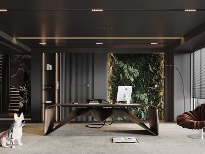 Modern Office Interior with Green Plant Wall Wooden Desk Computer Bookshelf and Ceiling Light Strips 3d model