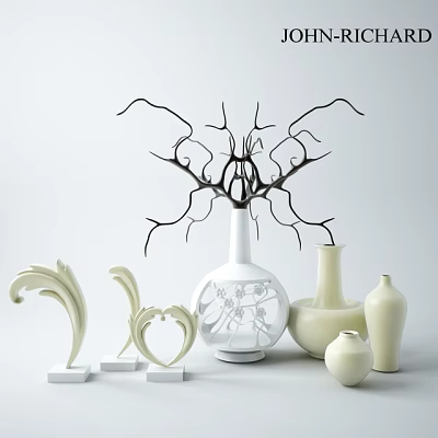 Elegant White Ceramic Vessels With Intricate Vases Curved Figurines And Decorative Branches 3d model