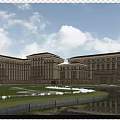 Classical European Hotel Building With Red Roof Symmetrical Design And Front Pond Garden