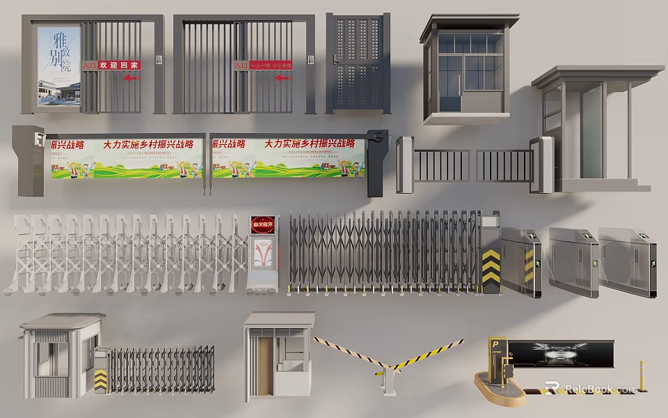 Various Public Facilities With Metal Gates Railings Guard Booths And Warning Signs 3d model 
