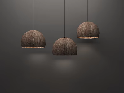 Three Modern Dark Woven Pendant Lights Hanging Against Neutral Gray Background 3d model