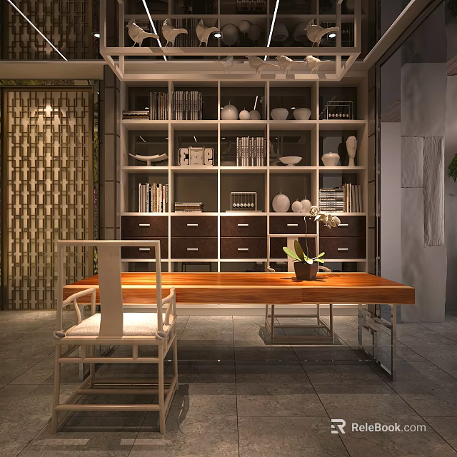 Traditional Study Room Interior With Wooden Desk Bookshelves And Decorative Items 3d model 