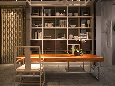 Traditional Study Room Interior With Wooden Desk Bookshelves And Decorative Items 3d model