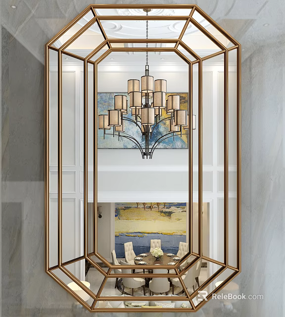 Gold Frame Mirror Reflecting Elegant Interior With Chandelier Dining Table And Chairs 3d model