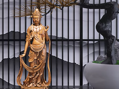 Handcrafted Golden Bodhisattva Sculpture With Black Railings And Pine Decorative Elements 3d model
