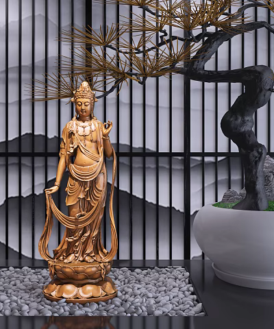 Handcrafted Golden Bodhisattva Sculpture With Black Railings And Pine Decorative Elements 3d model