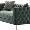 Green Tufted Velvet Sofa With Decorative Pillows And Gold Legs Design