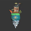 Colorful Cartoon Floating Island Scene With House Umbrella Slide And Underwater Fish