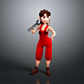 Cartoon Character With Brown Hair Wearing Red Overalls Holding Wrench Standing Against Gray Background