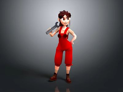 Cartoon Character With Brown Hair Wearing Red Overalls Holding Wrench Standing Against Gray Background 3d model