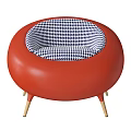 Red Round Accent Chair With Blue White Checkered Cushion And Gold Tapered Legs Design