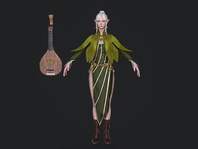 Fantasy Elf Character Wearing Green White Outfit With Winged Cape And Lute Instrument 3d model