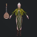 Fantasy Elf Character Wearing Green White Outfit With Winged Cape And Lute Instrument