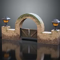Traditional Arched Entrance Gate Featuring Stone Pillars And Lanterns On Both Sides