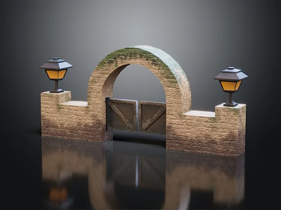 Traditional Arched Entrance Gate Featuring Stone Pillars And Lanterns On Both Sides 3d model
