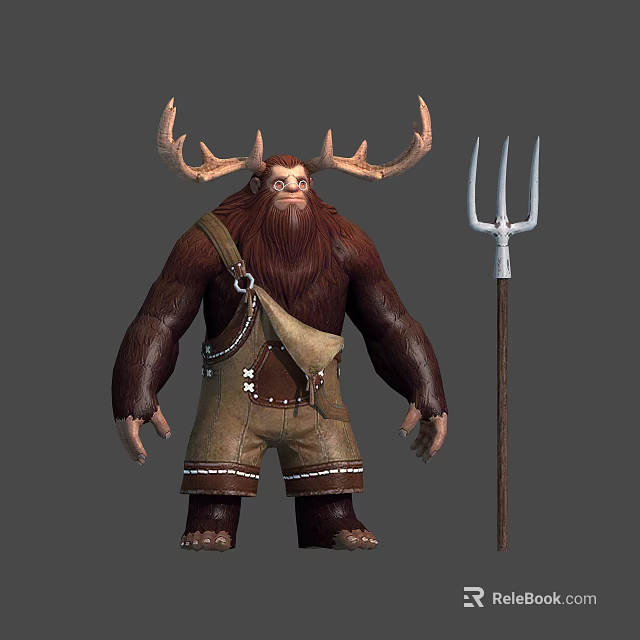 Antlered Creature in Brown Overalls With Wooden Trident and Leather Straps Design 3d model 
