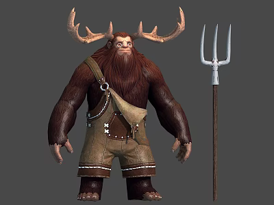 Antlered Creature in Brown Overalls With Wooden Trident and Leather Straps Design 3d model