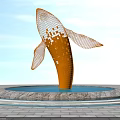 Roadside Facility Whale Shaped Metal Grid Sculpture with Orange Design Circular Pool and Paved Ground