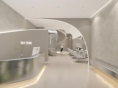 Modern Beauty Hair Salon Interior Design With Reception Desk Spiral Staircase And White Chairs 3d model