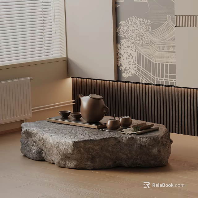 Chinese Style Sofa Coffee Table Set With Stone Tabletop And Tea Accessories 3d model 