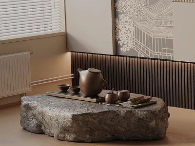 Chinese Style Sofa Coffee Table Set With Stone Tabletop And Tea Accessories 3d model