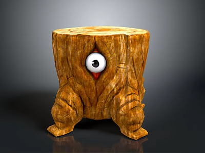Handcrafted Wooden Stump Stool With Carved Legs And Central Eye Decoration 3d model