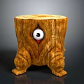 Handcrafted Wooden Stump Stool With Carved Legs And Central Eye Decoration