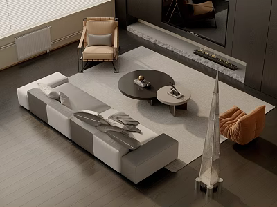 Modern Living Room Gray Sofa And Black Coffee Table Set With Throw Pillows Wooden Flooring 3d model