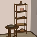 Minimalist Wooden Shelf with Decorative Clay Vase and Wooden Bowl in Light Beige Living Room